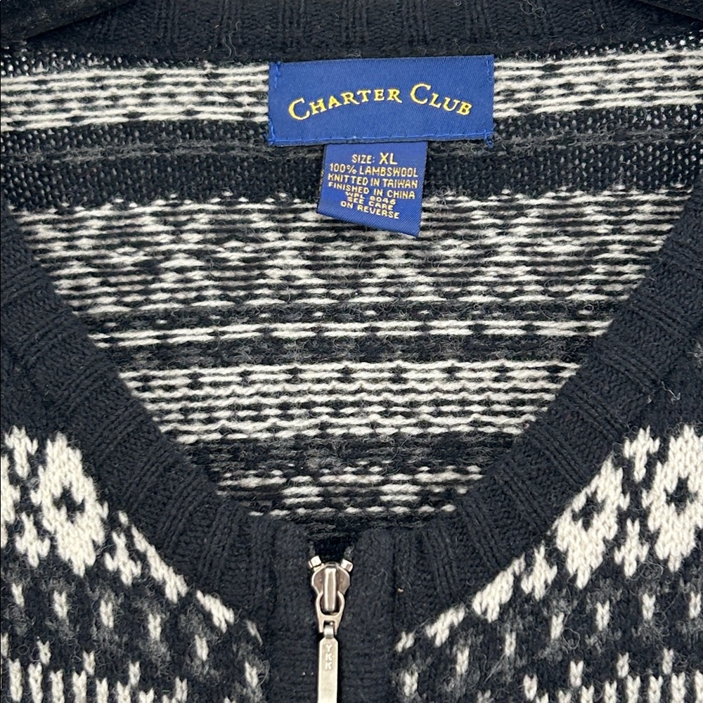 Charter Club 100% Lambswool Black/White Zip Front Fairisle Cardigan Size XL - Picture 2 of 5